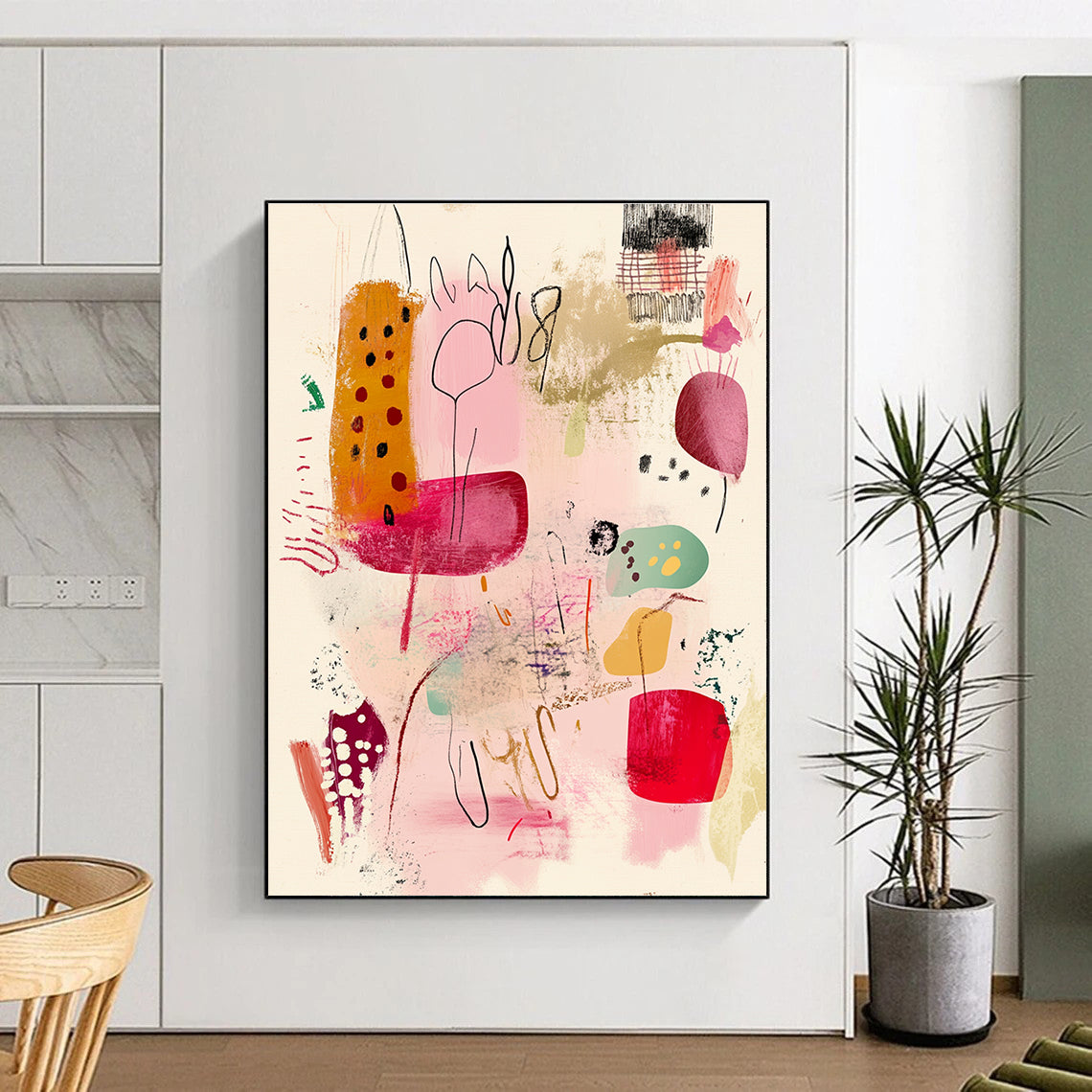 Large abstract painting featuring organic forms in pink red green and yellow with vintage textures and expressive brushstrokes on a light background.STSC1193