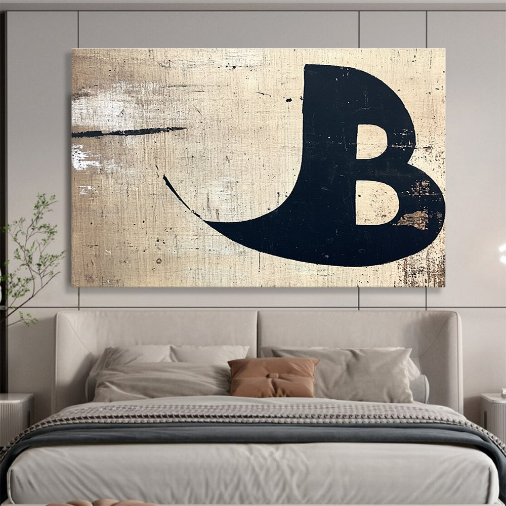 A large abstract painting on wood featuring a minimalist black letter B against a beige and white textured background for elegant creative uses.SC438