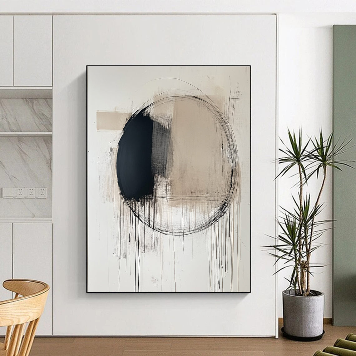 Large abstract painting featuring a central black circle with thin lines and ink drips in soft neutral tones on a white background.STSC253