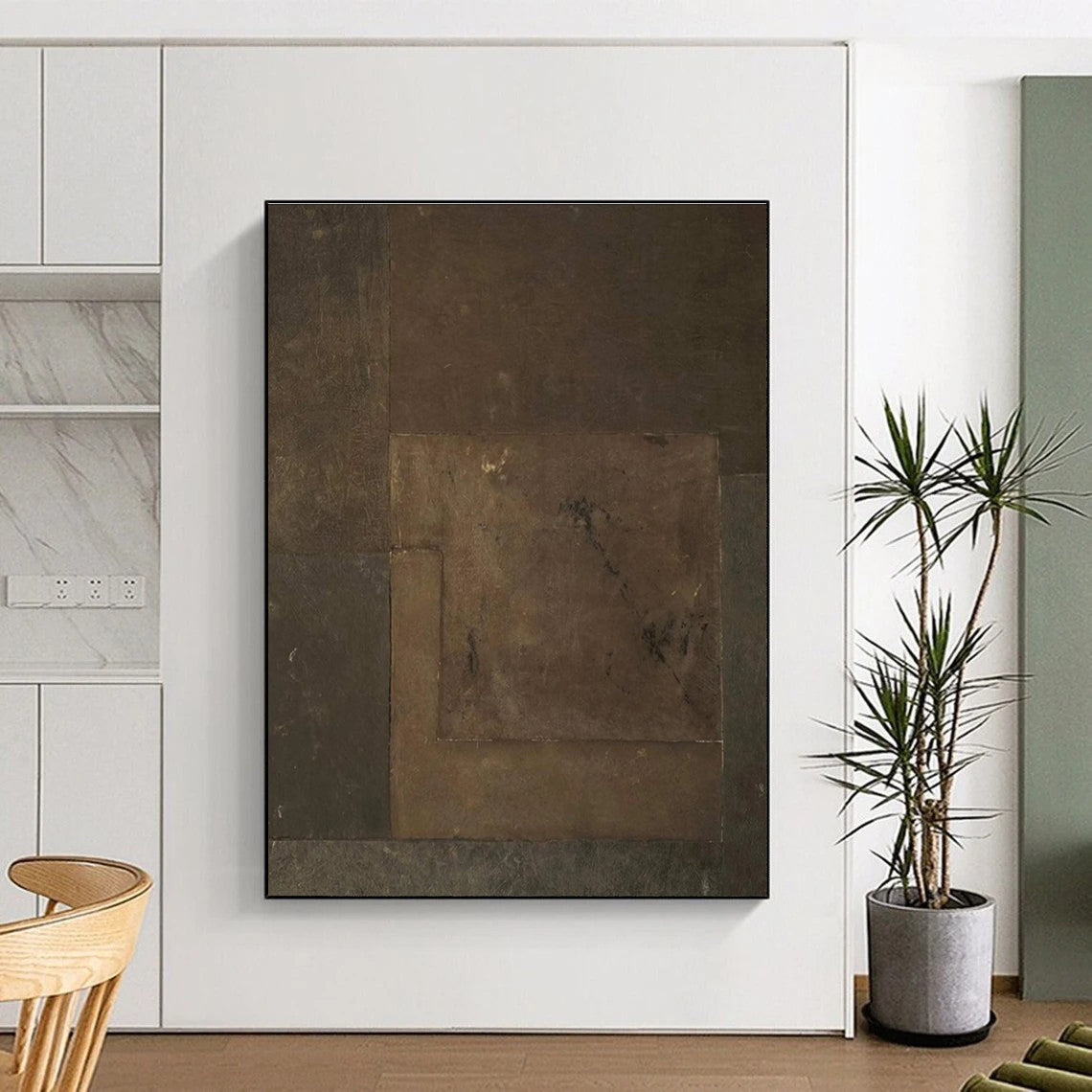 Brown Patchwork Abstract Painting with Textured Squares ADGE487