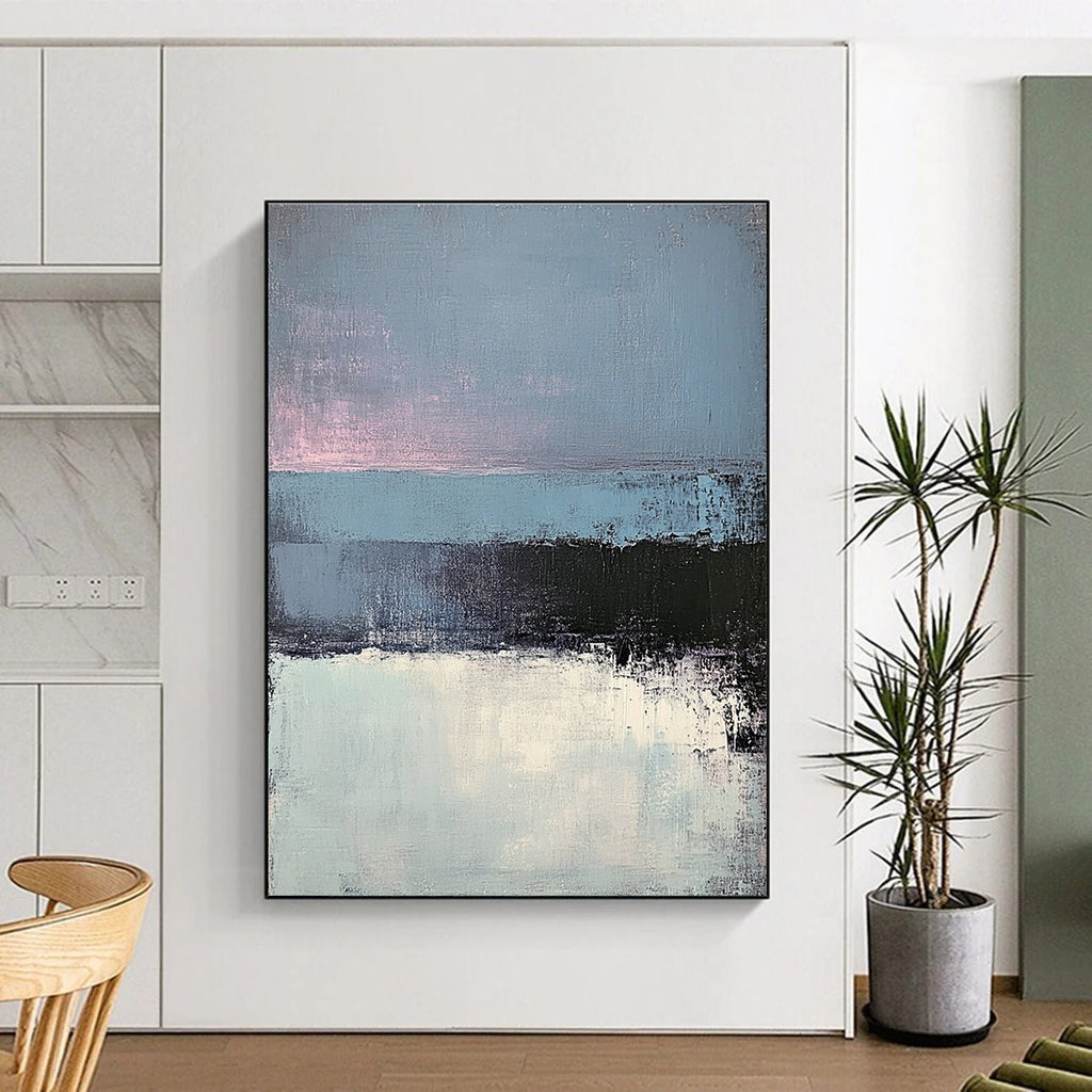 Large abstract painting of layered gray-blue sea and dark blue pink sky showcasing minimalist design with exquisite brushwork and light effects.STSC347
