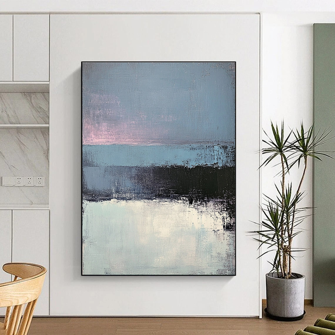 Large abstract painting of layered gray-blue sea and dark blue pink sky showcasing minimalist design with exquisite brushwork and light effects.STSC347