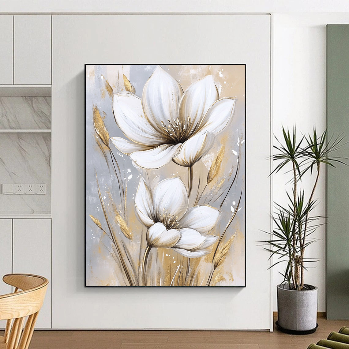 Large abstract painting featuring white flowers on a beige and gray background with soft watercolor textures in white and gold tones.STSC1476