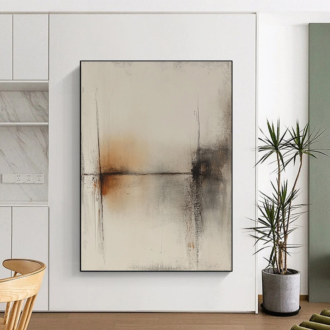 Large abstract painting featuring a white background with brown lines and a subtle tonal range in gray and amber hues.STSC736