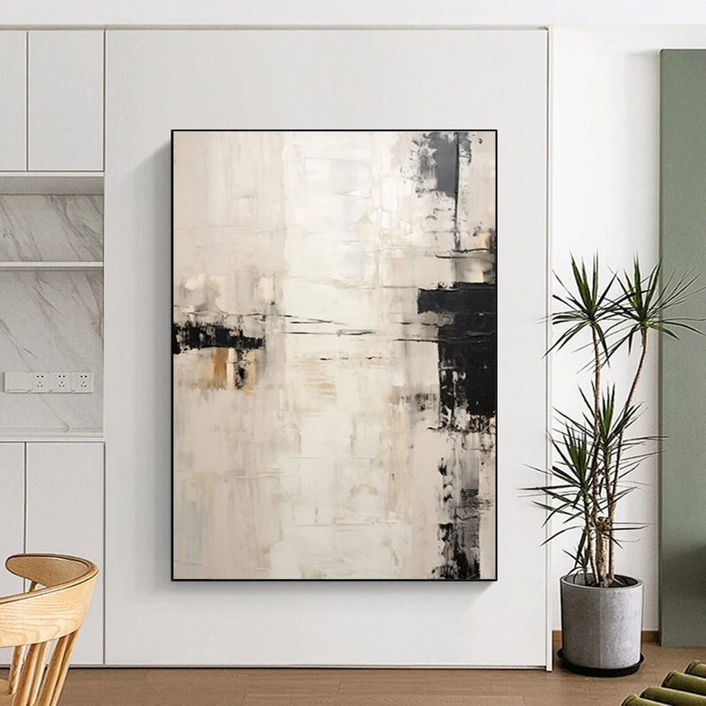 Monochromatic Minimalist Abstract Painting with Black and Beige ADGE131