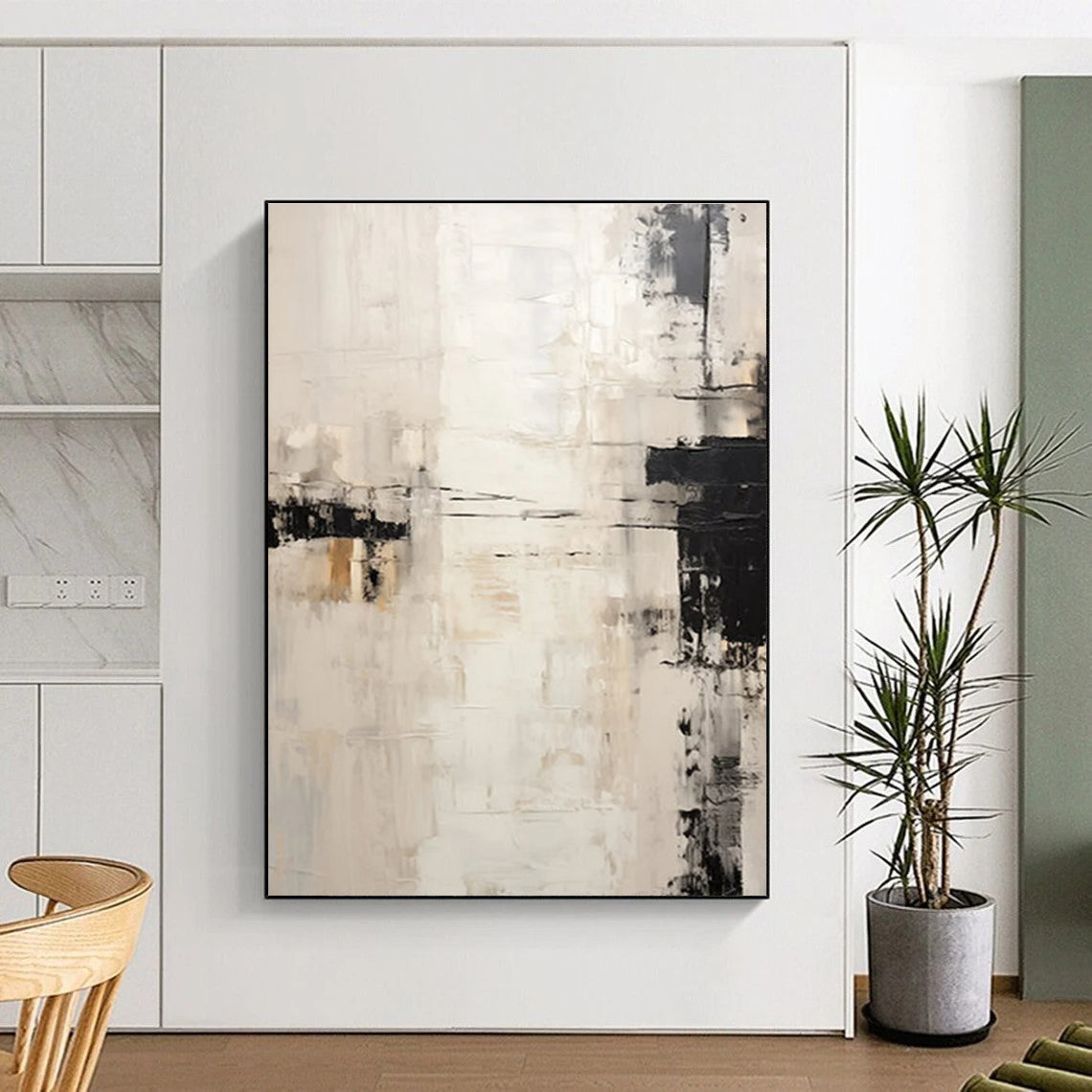 Monochromatic Minimalist Abstract Painting with Black and Beige ADGE131