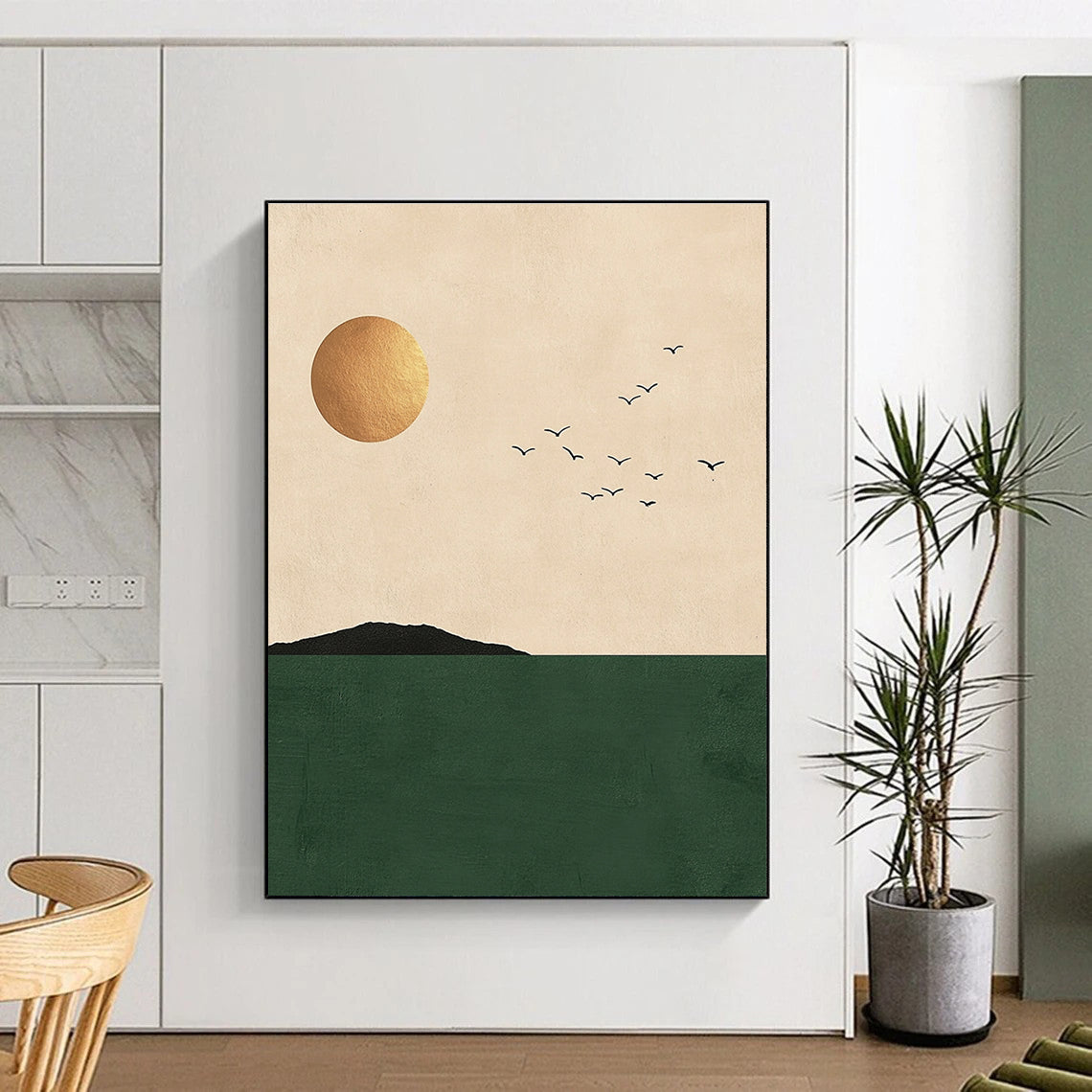 Large abstract painting featuring minimalist Japandi art with a sun and birds over a green sea in a neutral palette with gold accents.STSC1338