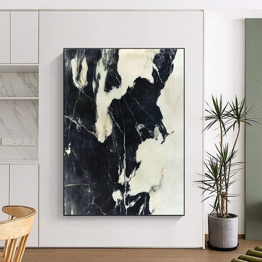 Black and White Marble - Inspired Abstract Painting with Veined Patterns GER007