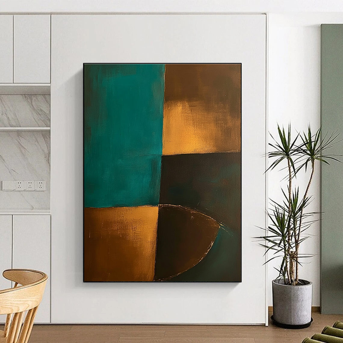 Teal Gold Abstract Painting with Geometric Forms GER707