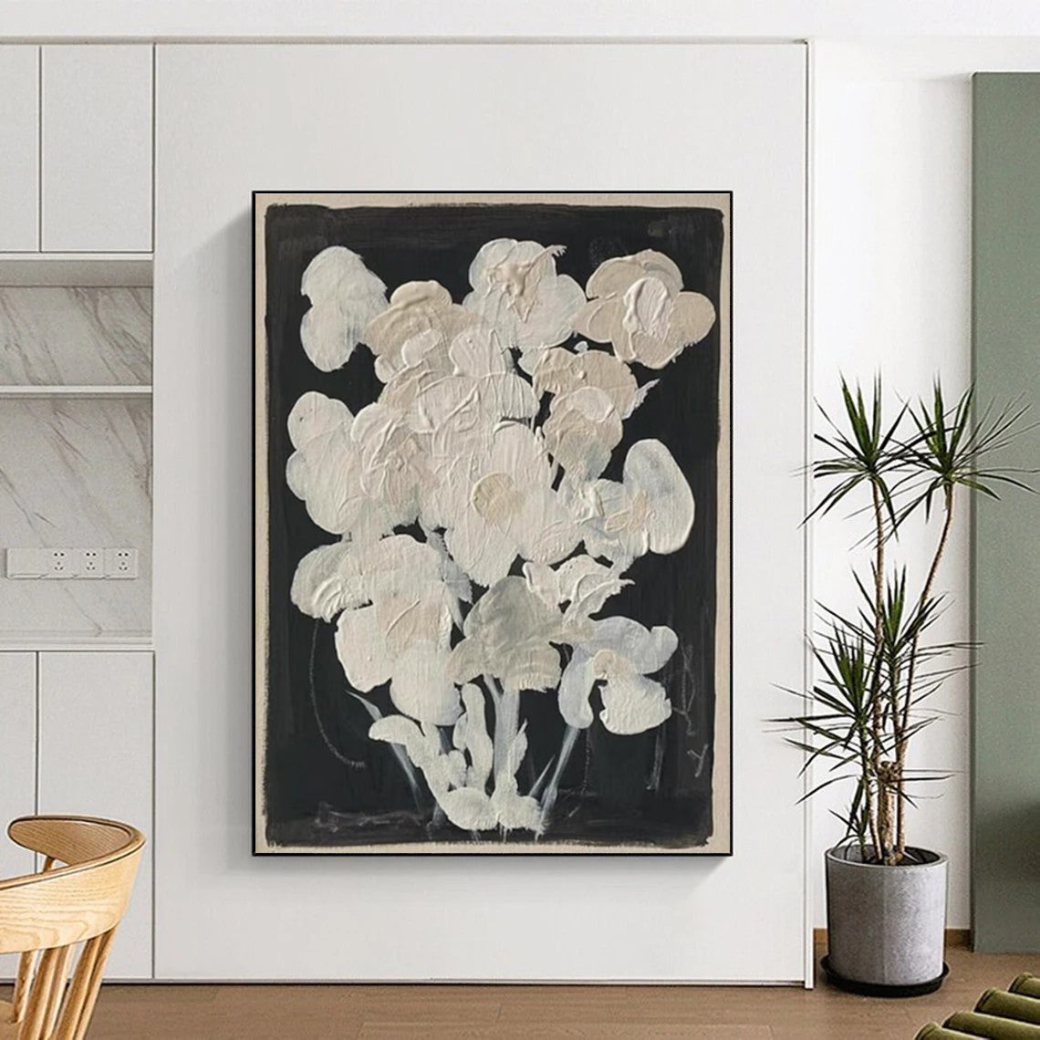 White Flowers on Black Background Abstract Floral Painting ADGE140