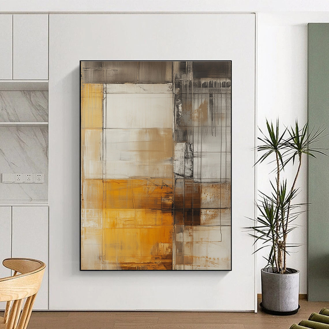 Brown and Gray Abstract Painting with Grid Motifs GER470