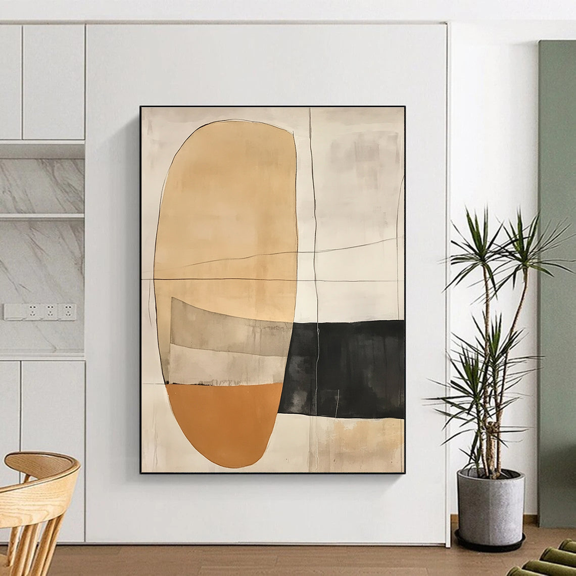 Earth - Toned Geometric Abstract Painting with Delicate Lines GER226