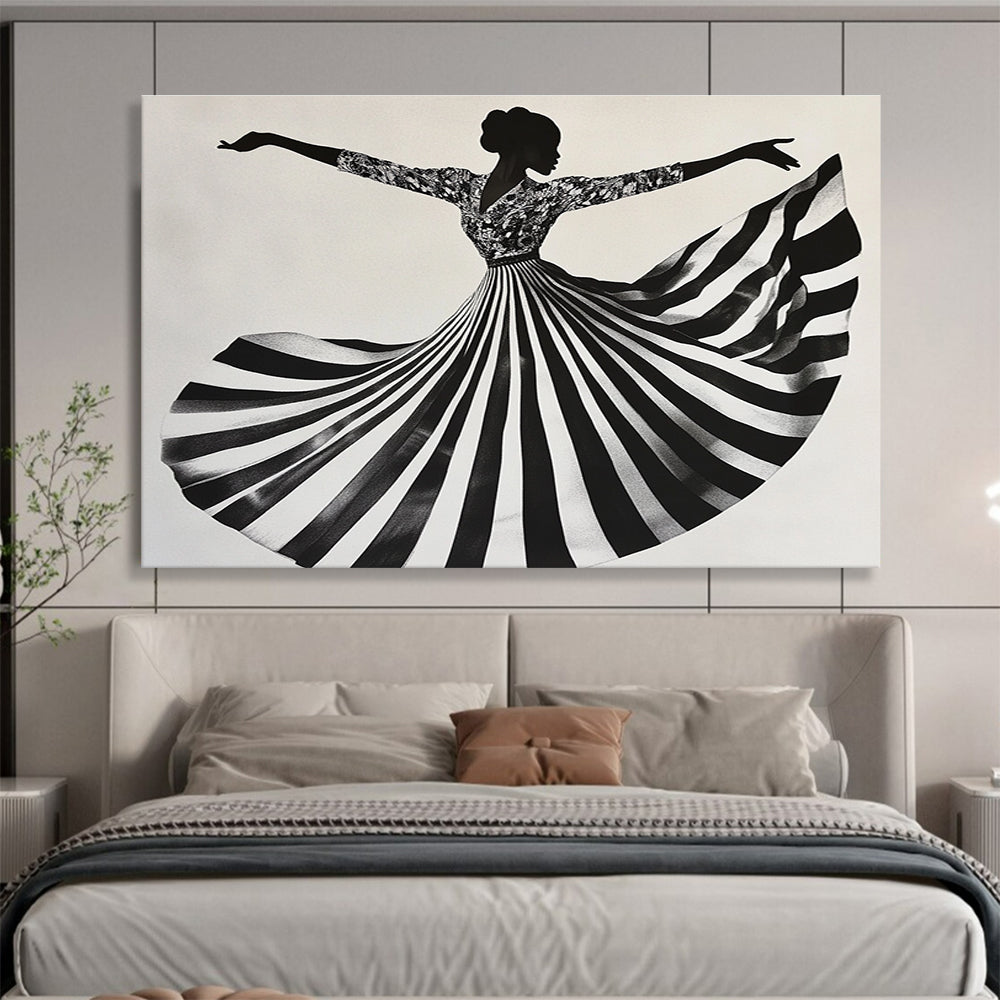 Black White Floral - Patterned Dress Dancing Silhouette Abstract Painting DYP020