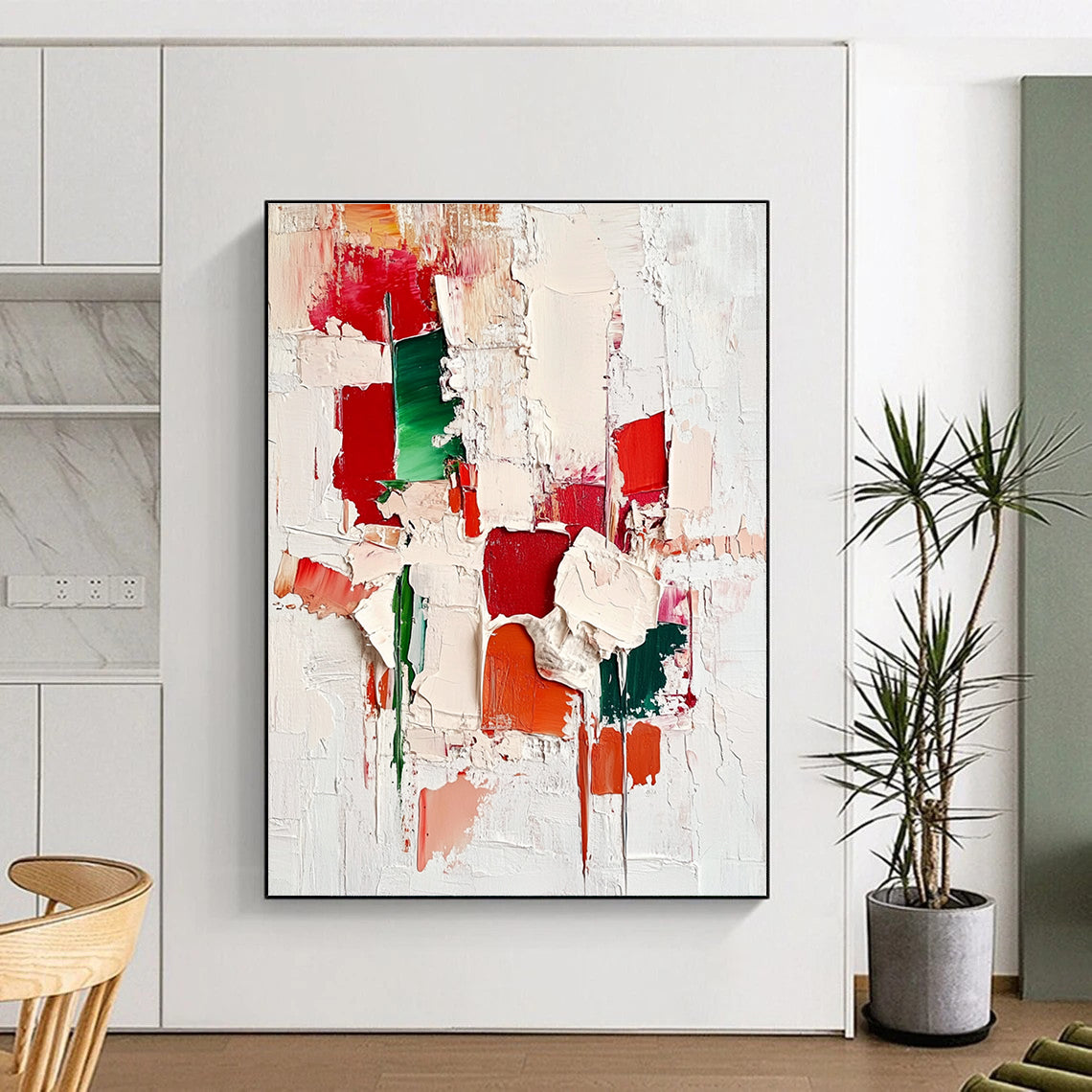 Large abstract painting with red green and white impasto textures showcasing intricate cityscape patterns on an off-white background.STSC327