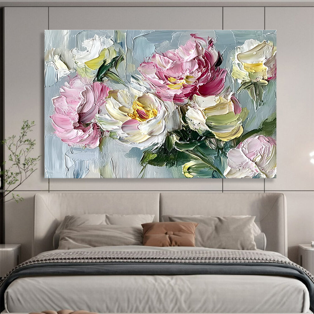 Large abstract painting featuring peonies and roses in vibrant shades on a textured grey background with impasto brushstrokes.SC125