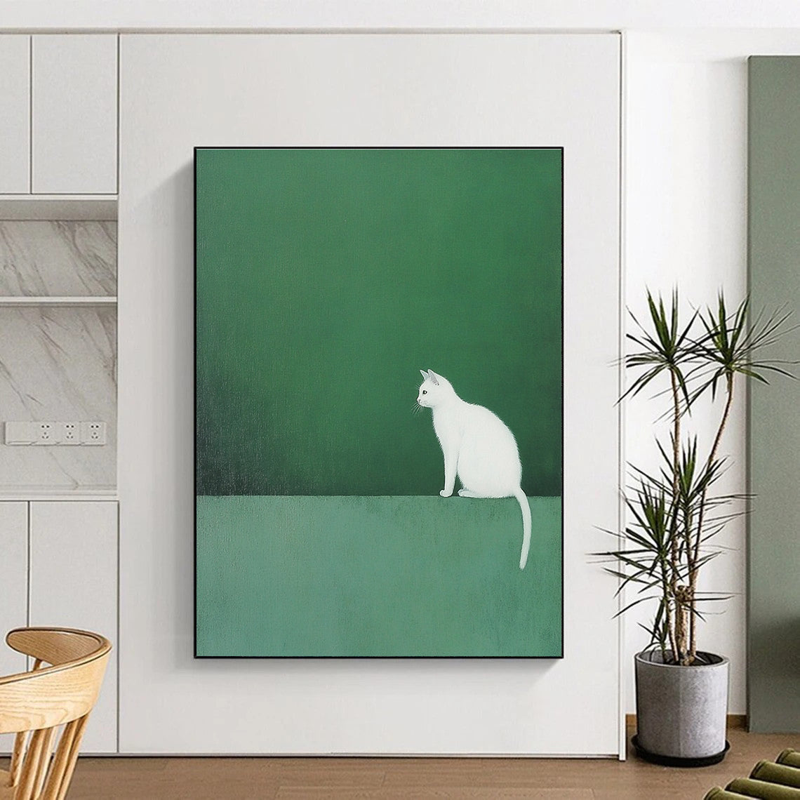 An abstract painting featuring a white cat on a green backdrop in minimalist style with ultra-fine details and matte texture.STSC1249