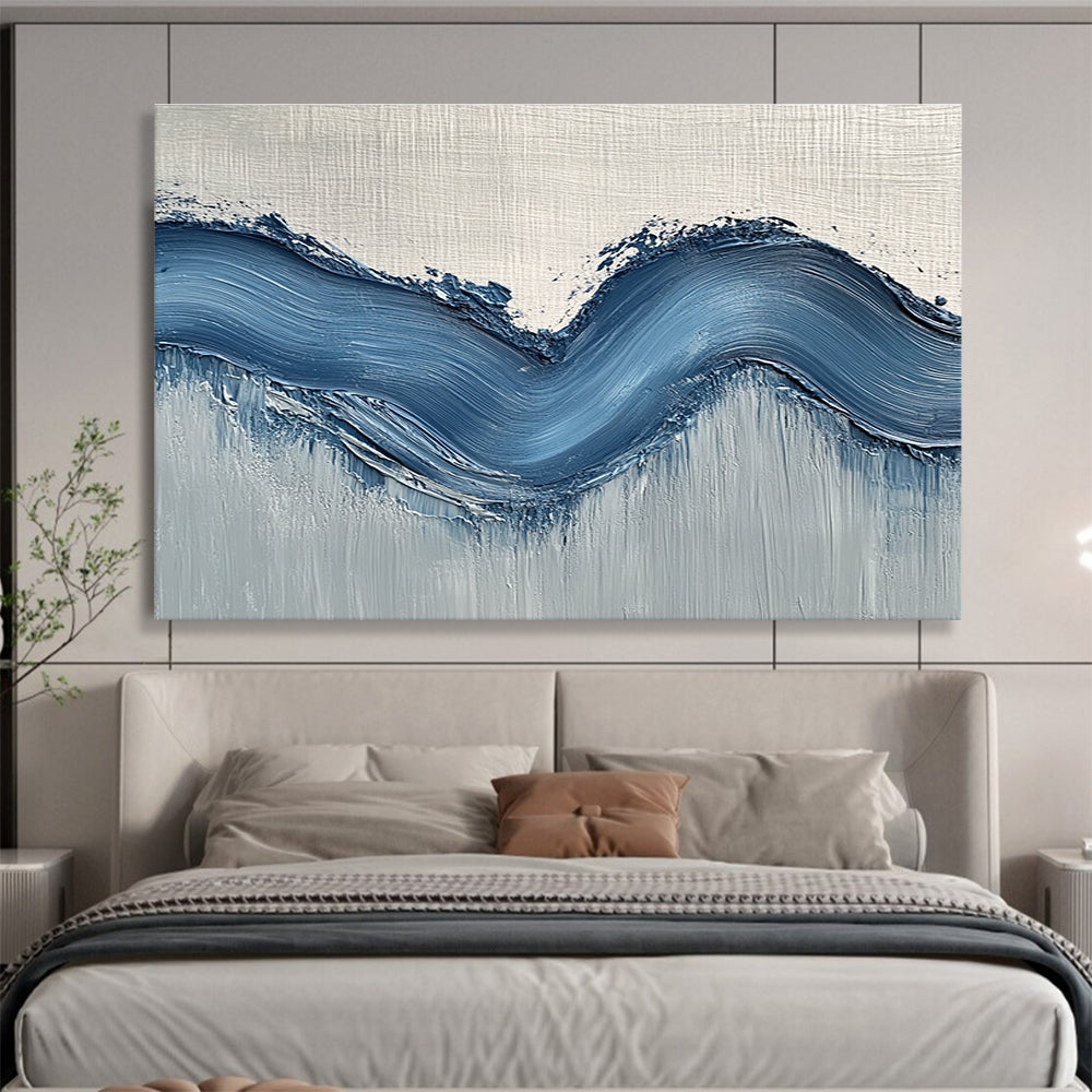 Large abstract painting with gentle blue hills on light gray wall, showcasing depth and movement for a modern aesthetic.SC453