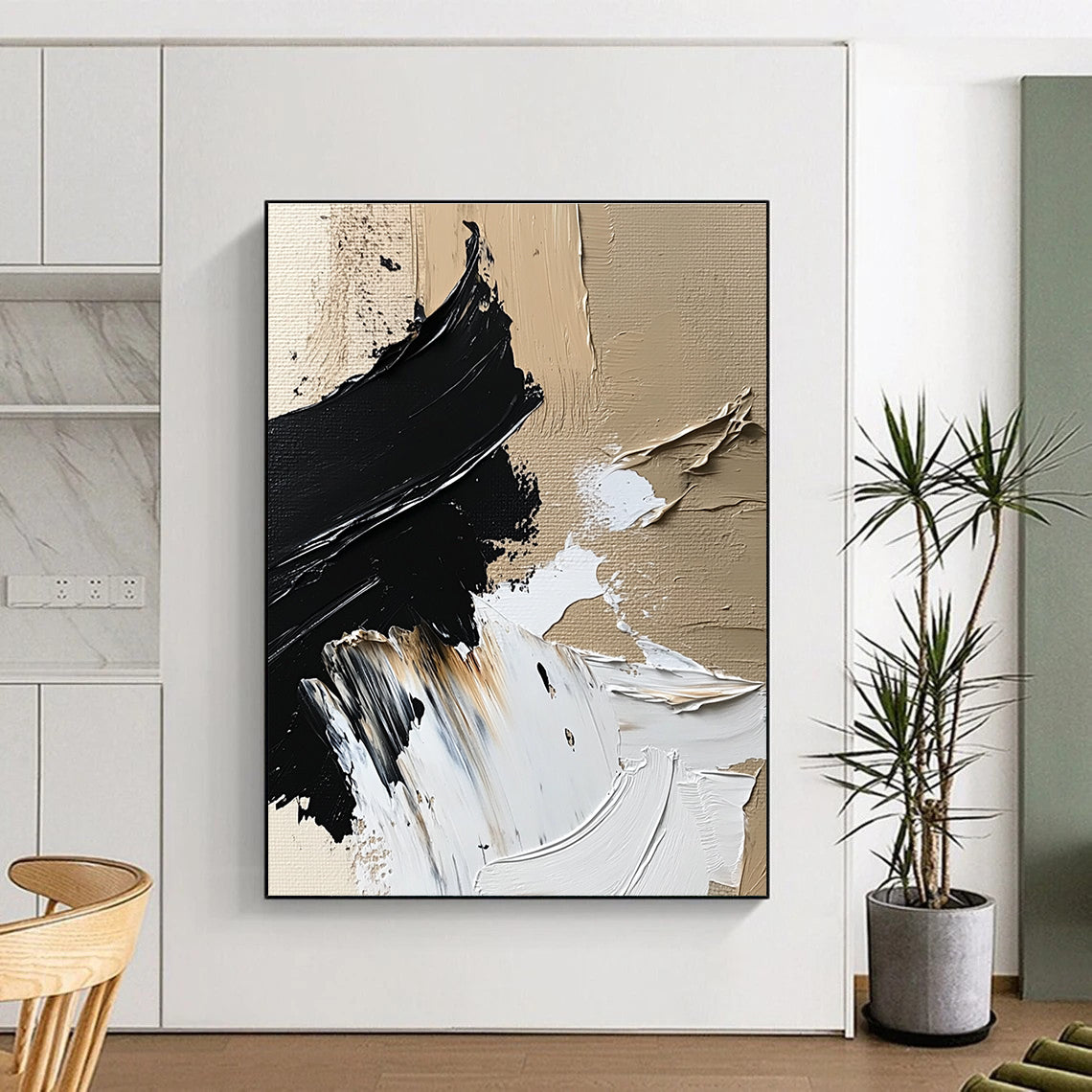 Dynamic Textured Abstract with Black White and Beige Strokes GER364