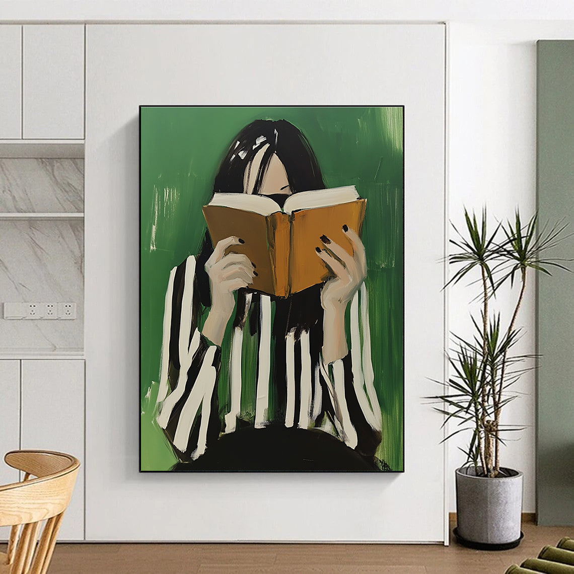 An abstract oil painting of a woman with black and white striped hair enjoying coffee while reading an open book against a green background.STSC1265
