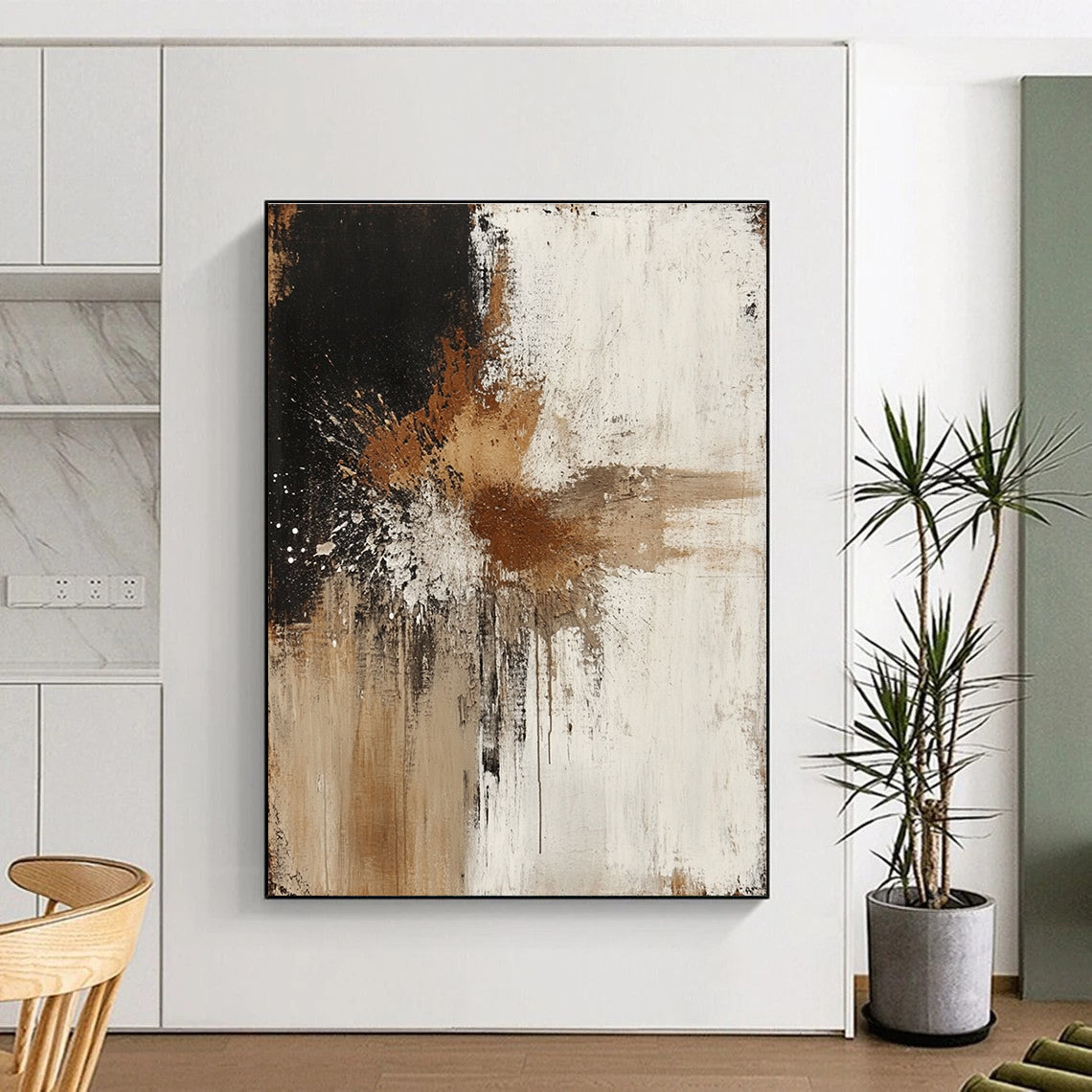 Black Brown White Abstract Painting with Splatter Effects GER773
