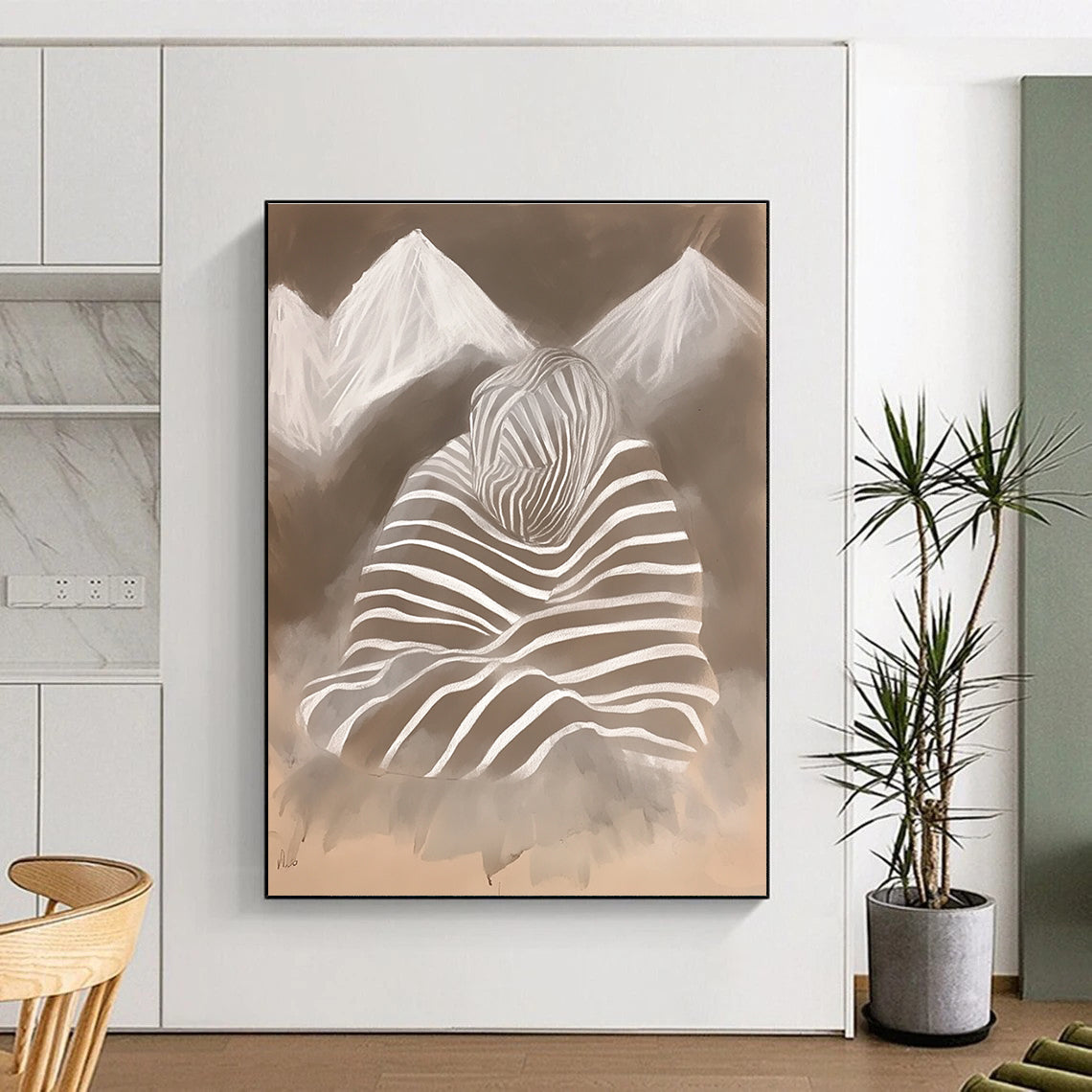 Abstract chalk drawing featuring zebra print with mountains and a woman's silhouette wrapped in a striped blanket in soft atmospheric tones.STSC1474