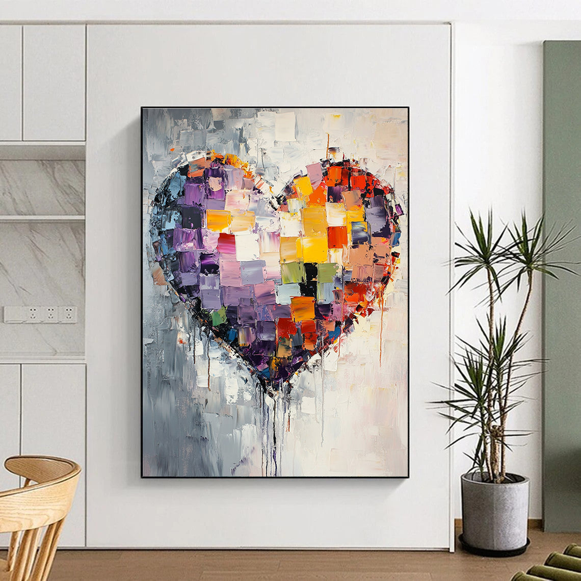 Large abstract painting featuring a mosaic heart with vibrant colors and textured layers, evoking emotion through dynamic brush strokes and dripping details.STSC559