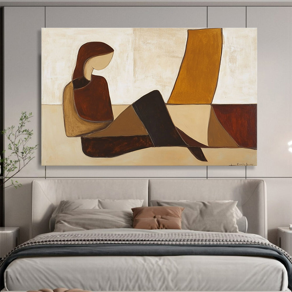 Large abstract painting featuring a woman on the floor in brown and beige hues with simple shapes inspired by Jean Fautrier.SC345