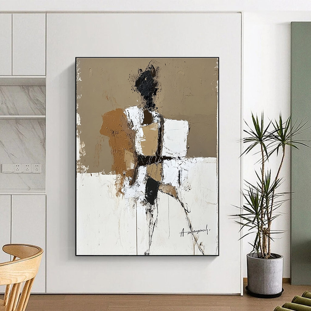 Large abstract painting in beige brown and white featuring humanistic forms with textured expressive brush strokes inspired by Anatoly Zaregorodtsev.STSC388