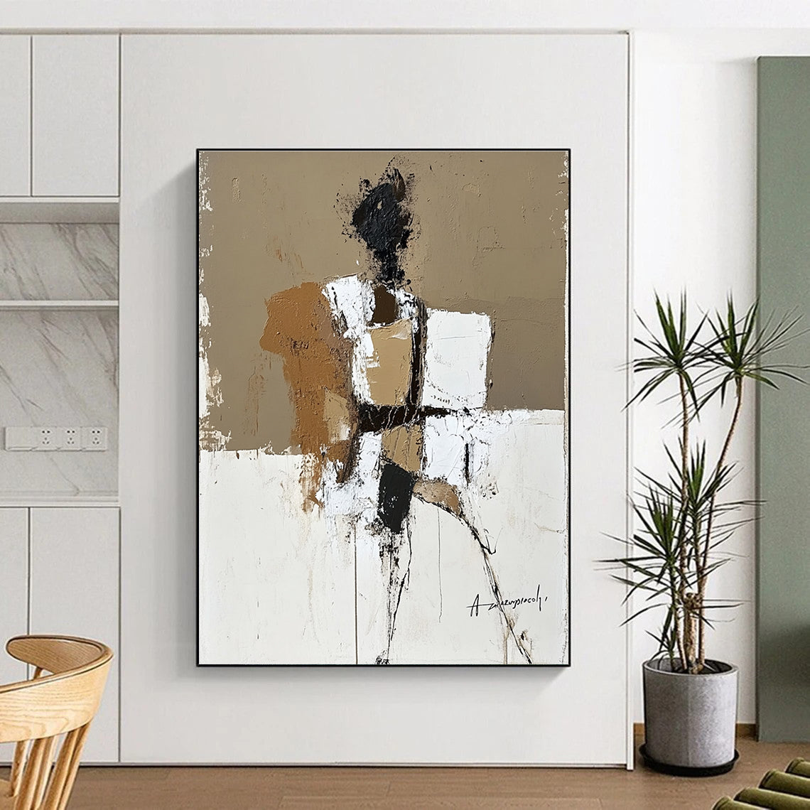 Large abstract painting in beige brown and white featuring humanistic forms with textured expressive brush strokes inspired by Anatoly Zaregorodtsev.STSC388