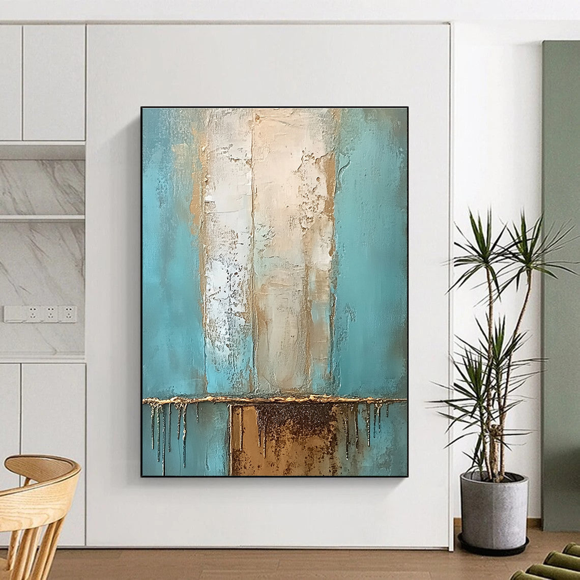Large abstract oil painting with muted teal and beige hues accented by gold featuring a textured surface and a rusted metal element.STSC602