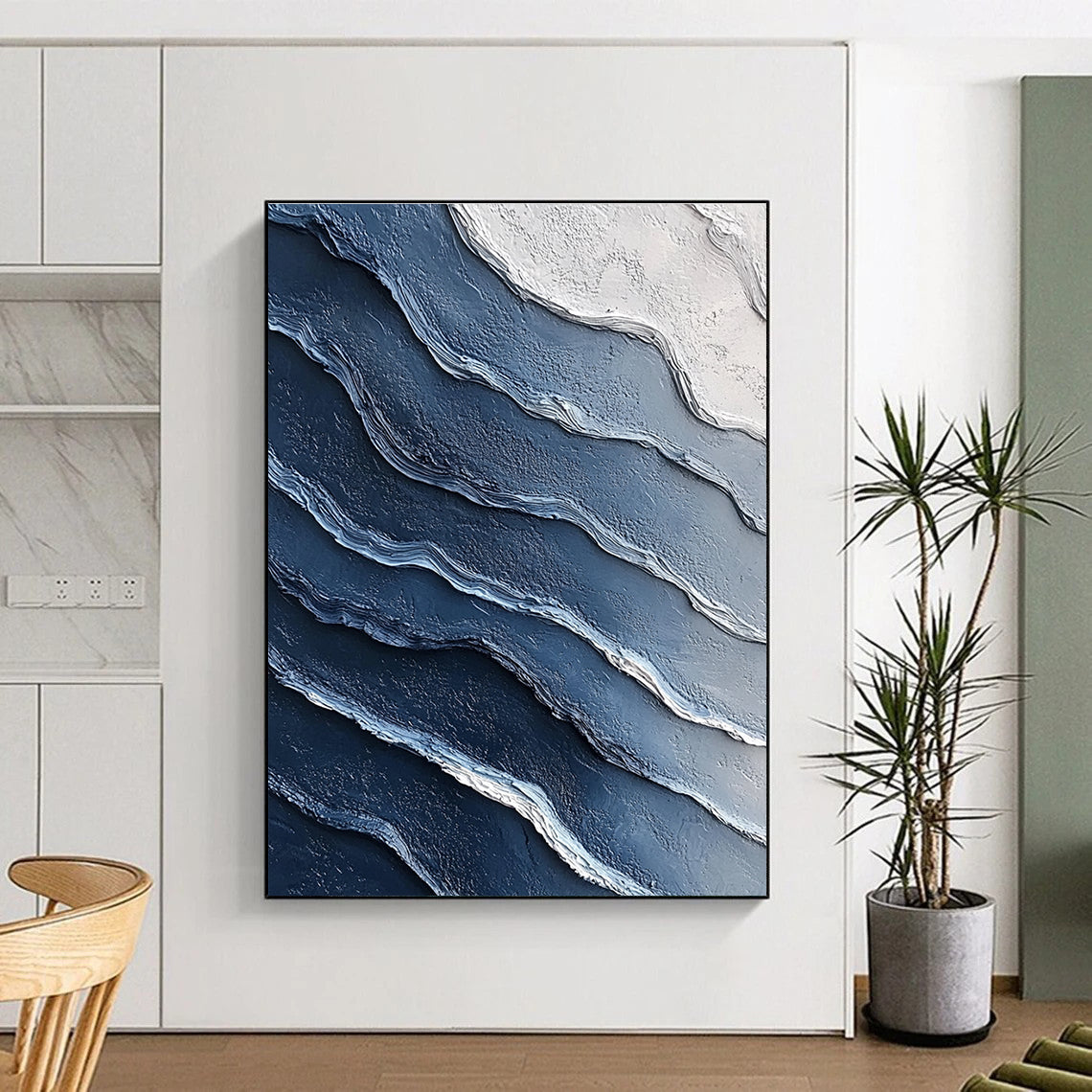 Blue and White Wave Abstract Painting with Textured Ridges GER072