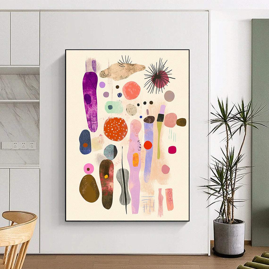 Large abstract collage featuring pastel fabrics ribbons and organic shapes designed for mid-century modern interiors. Whimsical yet sophisticated aesthetic.STSC1049