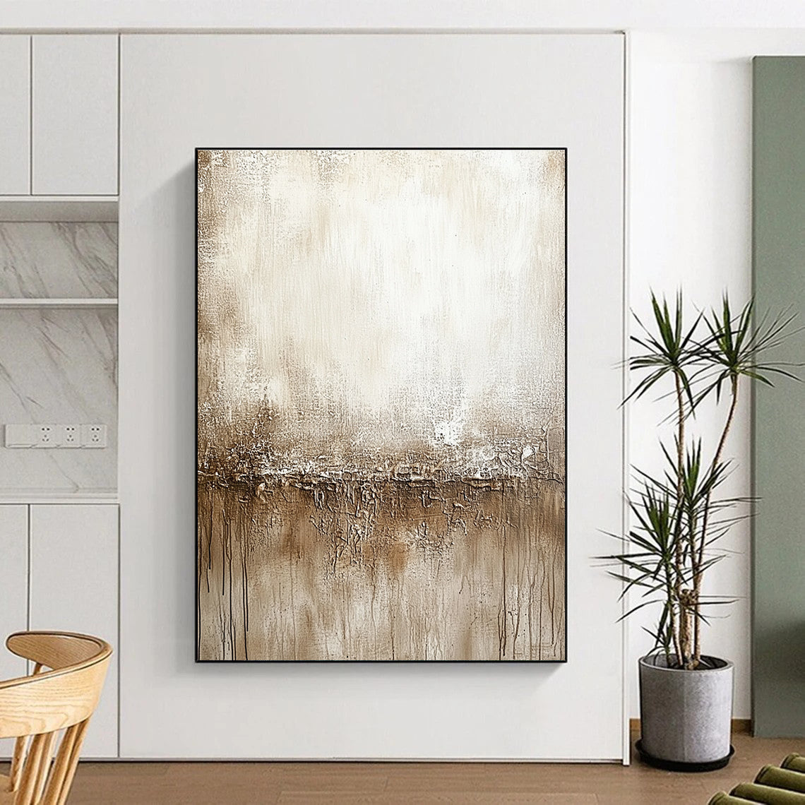 Large abstract painting featuring a neutral tone palette of beige and gray with distressed textures for a calming wall decor.STSC137