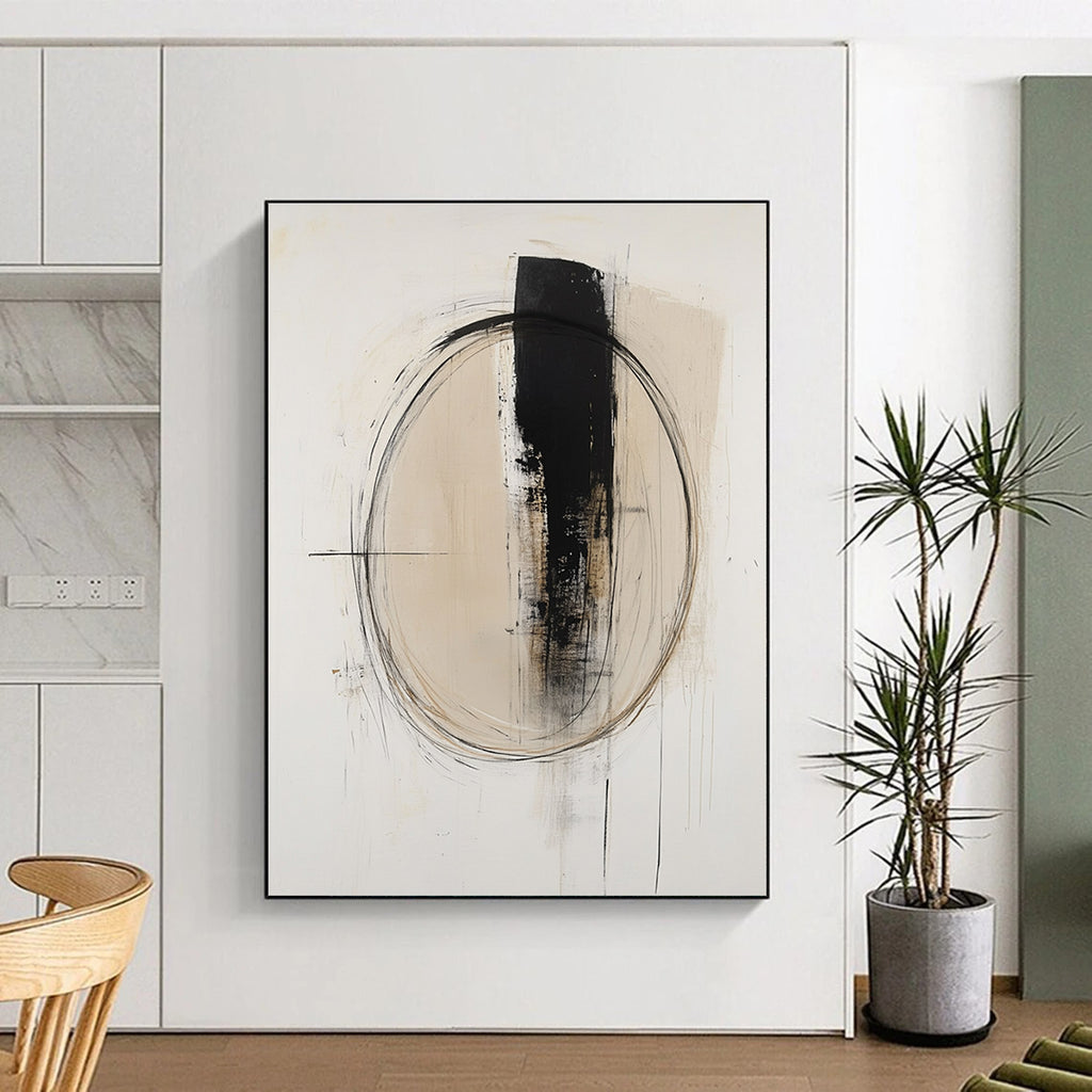 Beige Black Abstract Painting with Minimalist Circles GER784