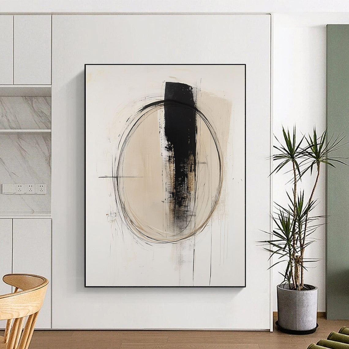 Beige Black Abstract Painting with Minimalist Circles GER784
