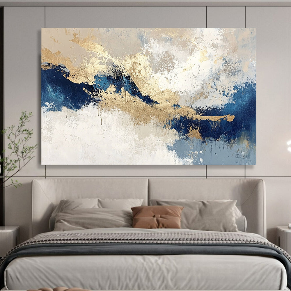 Large abstract painting in blue and gold on textured beige and white background featuring light gray and dark indigo tones for a stunning decor.SC023
