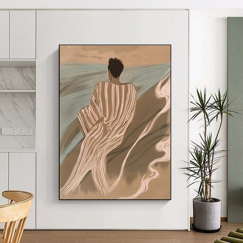 A large abstract painting featuring an Asian man in striped robes surrounded by waves and smoke in soft tones of brown and blue.STSC1104