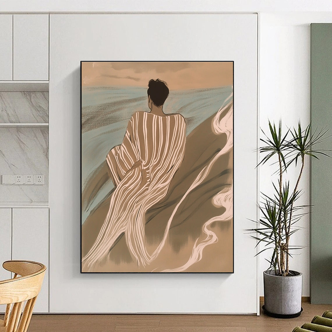 A large abstract painting featuring an Asian man in striped robes surrounded by waves and smoke in soft tones of brown and blue.STSC1104