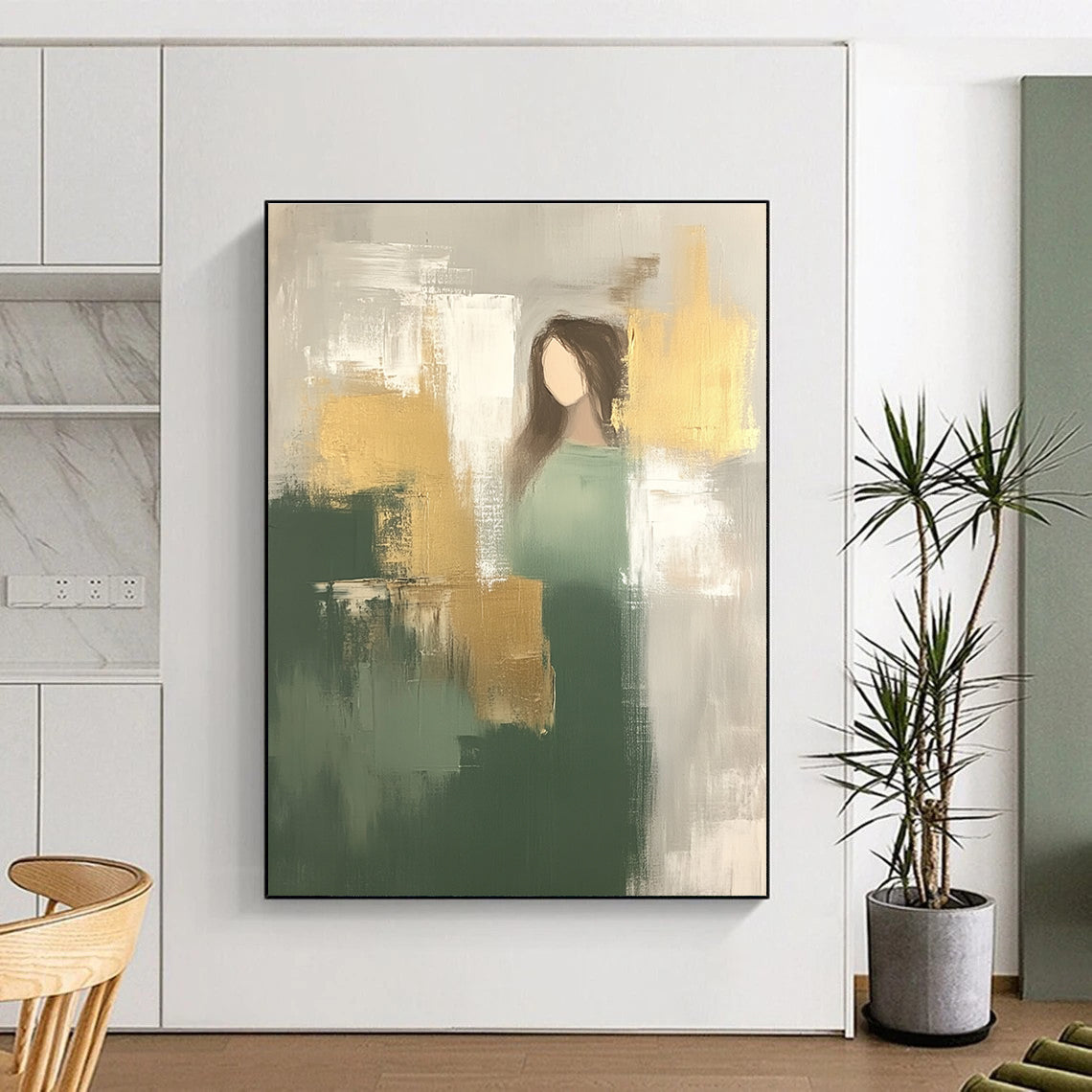 Large abstract painting featuring minimalistic shapes in neutral green and beige with gold accents creating a soft atmospheric beauty.STSC242
