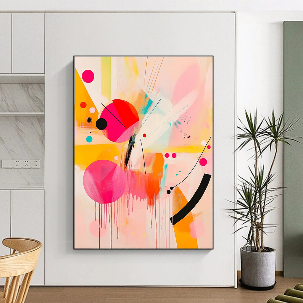 Large abstract painting featuring pink and yellow shapes with black lines and bright orange geometric forms creating a joyful playful composition.STSC790