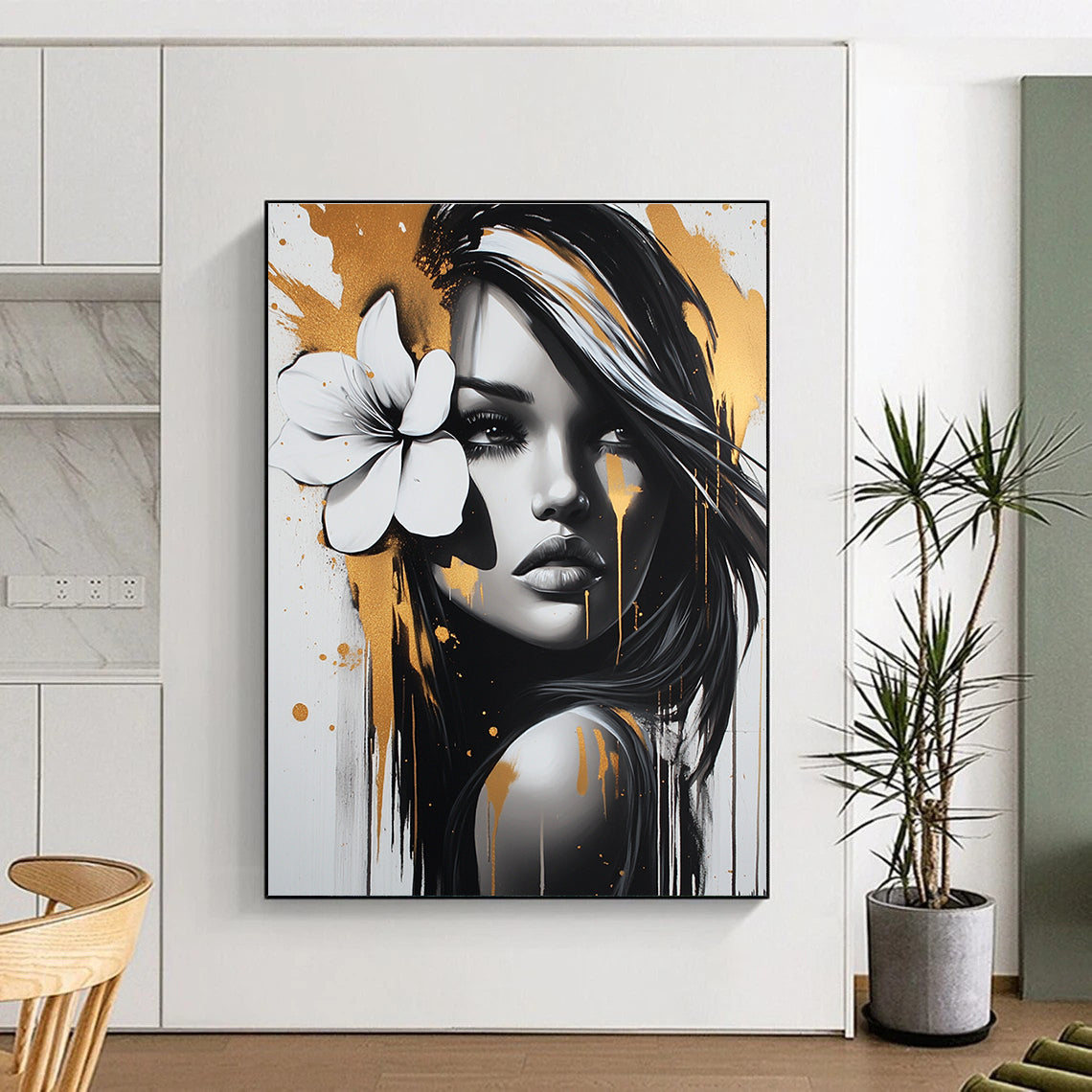 A stunning abstract painting featuring a beautiful woman with a white flower in her hair adorned with gold and silver paint splatters in FyaBeats style.STSC904