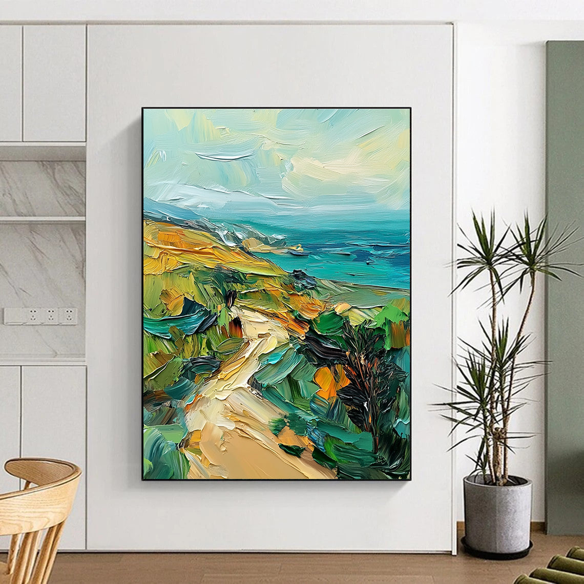 Large abstract painting featuring green hills and teal sea using palette knife technique on canvas with rich texture and vibrant colors.STSC082