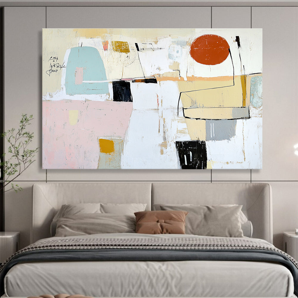 Large abstract painting featuring soft pastel colors, textures, and geometric forms with a prominent red circle and scribbled black text.SC041