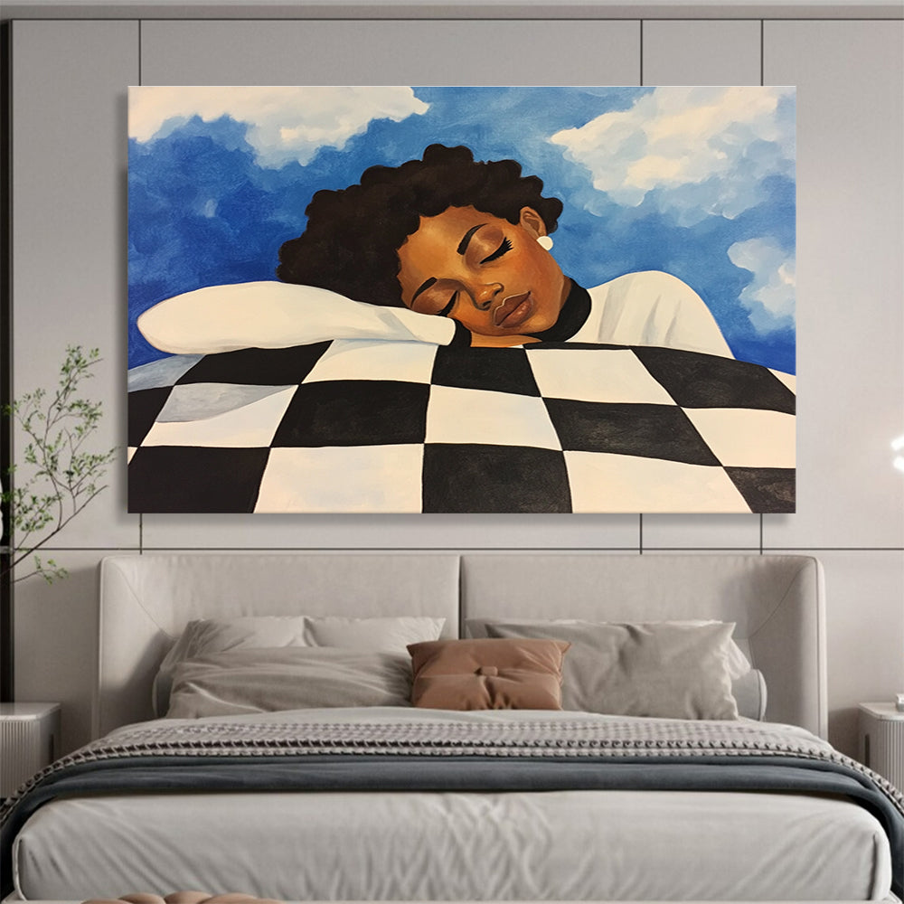 Dreamy Sleep Portrait Abstract Painting with Blue and Black White Tones DYP561