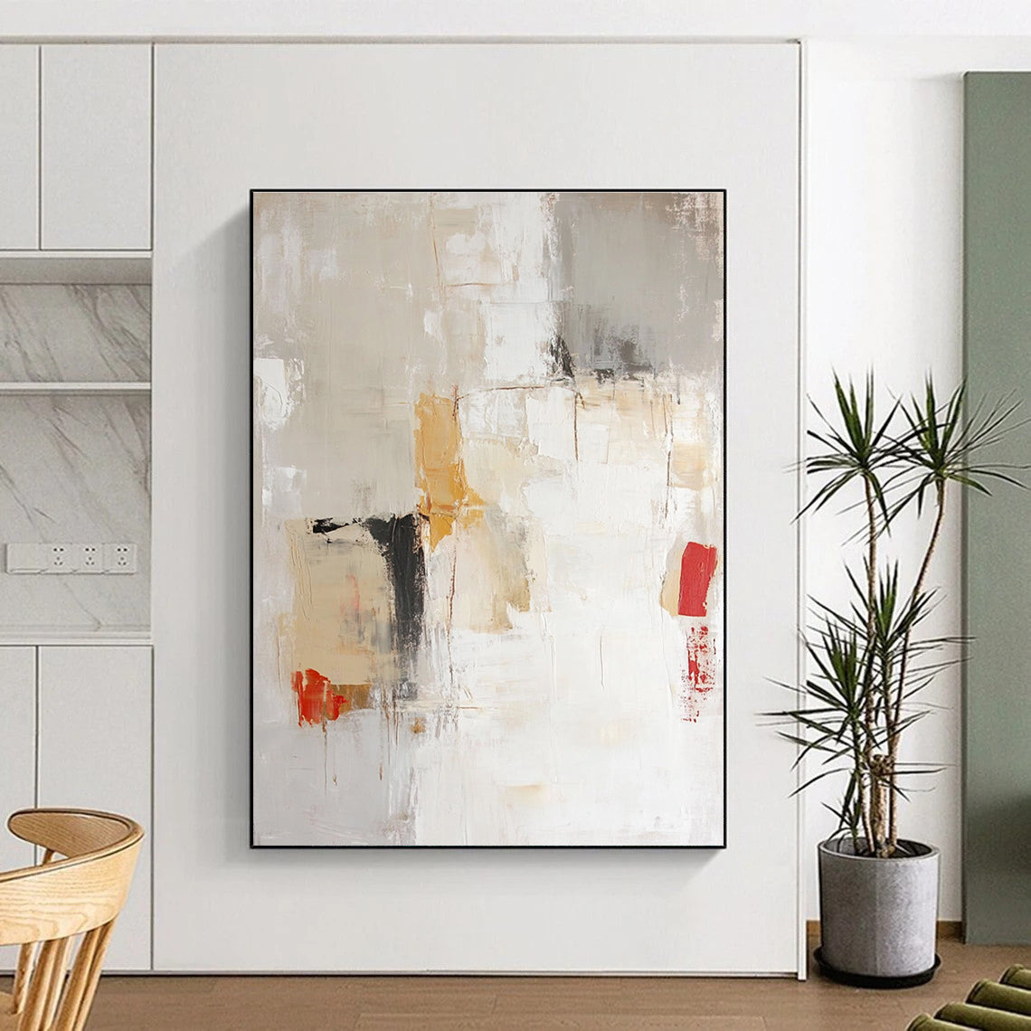 Large abstract painting in soft neutral tones of beige and white with expressive brushstrokes and hints of red and yellow.STSC801