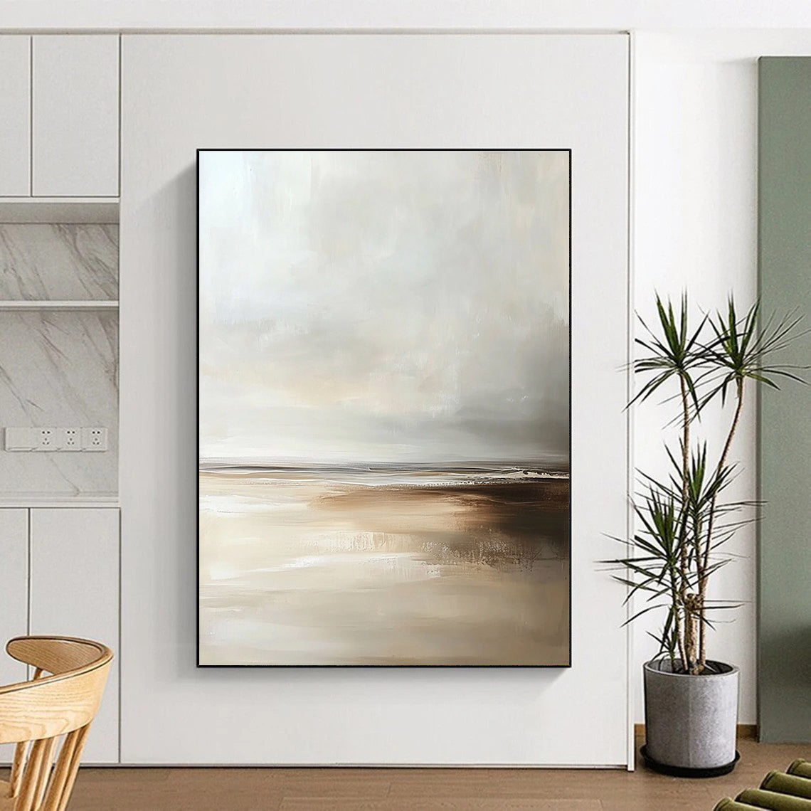 Large Abstract painting depicting a beach scene in muted tones with soft focus and an emphasis on enchanting light at the horizon.STSC018