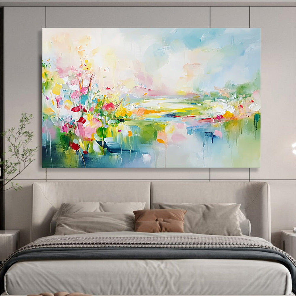 Large abstract landscape painting featuring spring flowers in a colorful meadow with a flowing river vibrant greenery and a serene sky.SC084