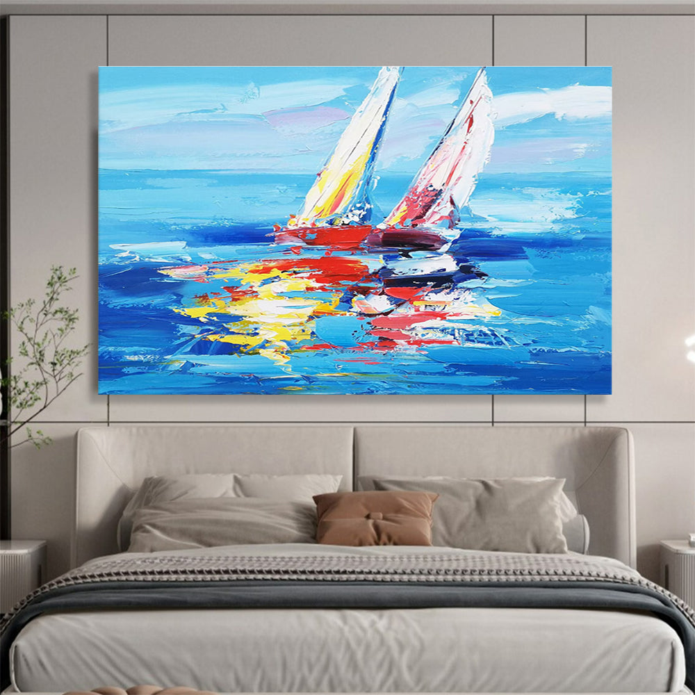 Colorful Sailboats Abstract Painting with Bold Blue and Vibrant Reflections THY268