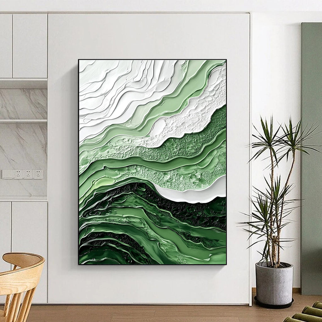Large abstract painting in shades of green and white features fluid lines and waves with intricate details and a hyper-realistic texture.STSC445