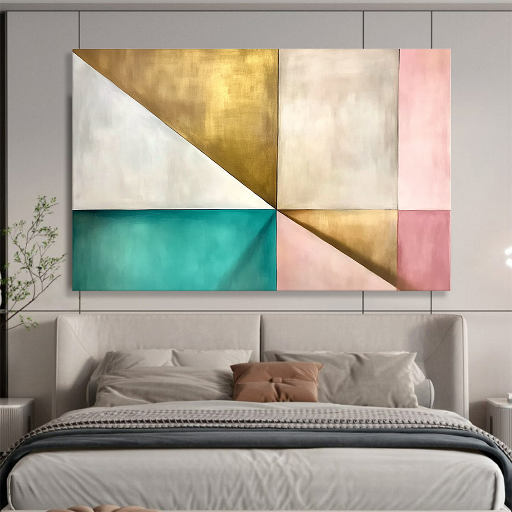 A large abstract painting featuring geometric shapes in white with light brown tones and hints of pale yellow, inspired by Japandi and James Turrell.SC504